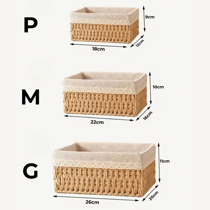 Kit 3 Cestos Organizadores de Vime com Forro em Renda – Elegância e Funcionalidade