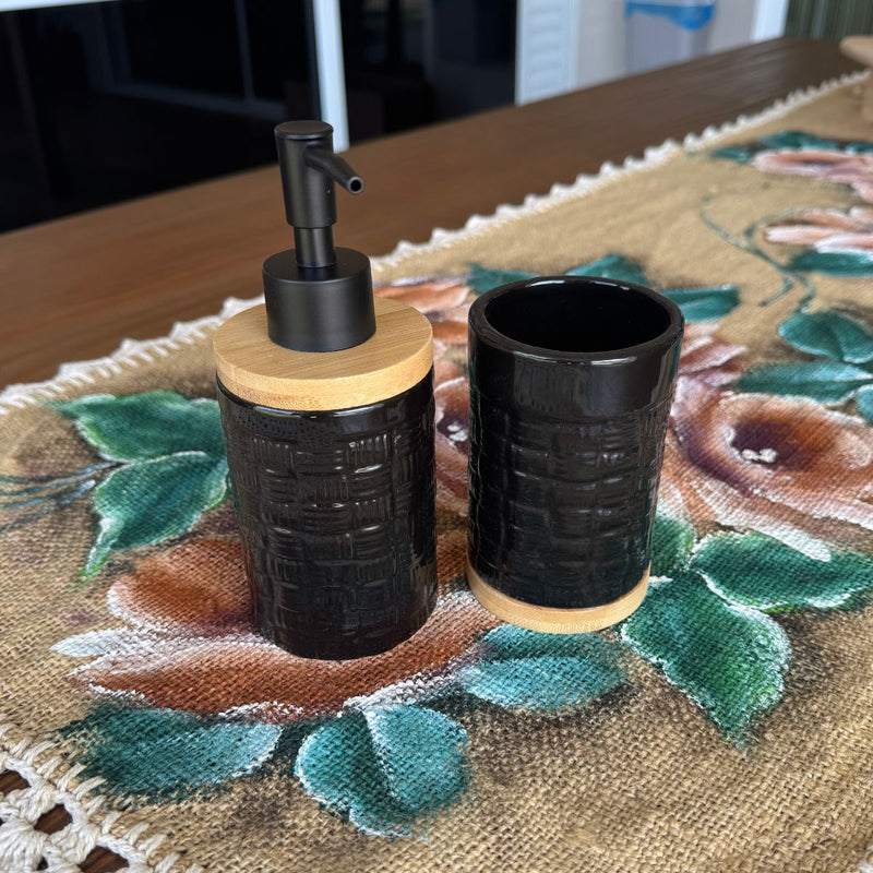 Kit Banheiro Lavabo Conjunto Saboneteira Porta Escova Porcelana 2 Peças