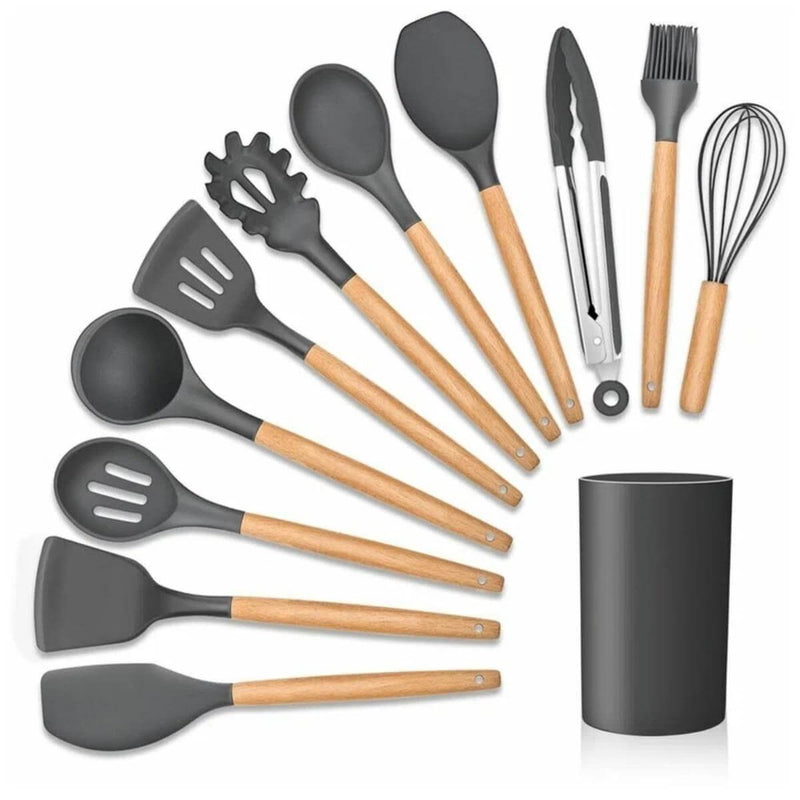 KitCozy - Kit 12 Utensílios Silicone com Cabo em Madeira