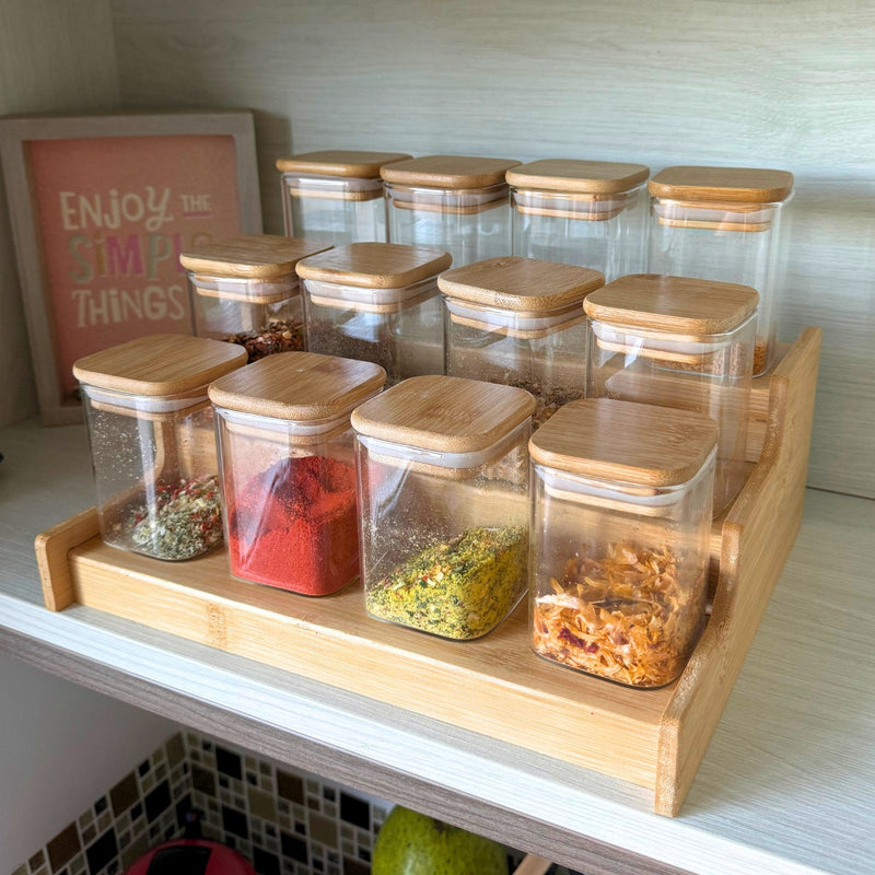 Kit 12 Potes Porta Tempero Hermético 200ml Com Organizador em Bambu Redondo
