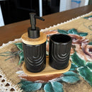 Kit Banheiro Supreme - Conjunto Porcelana Base Bambu Saboneteira Porta Escova 3 Peças