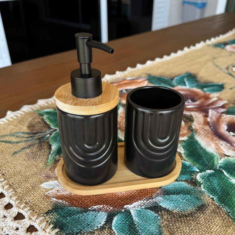 Kit Banheiro Supreme - Conjunto Porcelana Base Bambu Saboneteira Porta Escova 3 Peças