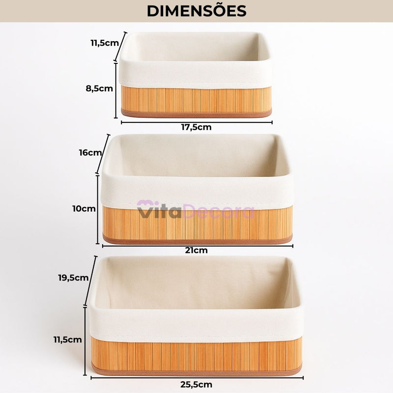 Kit 3 Cestos Organizadores Bambu Tecido Lavável Multiuso