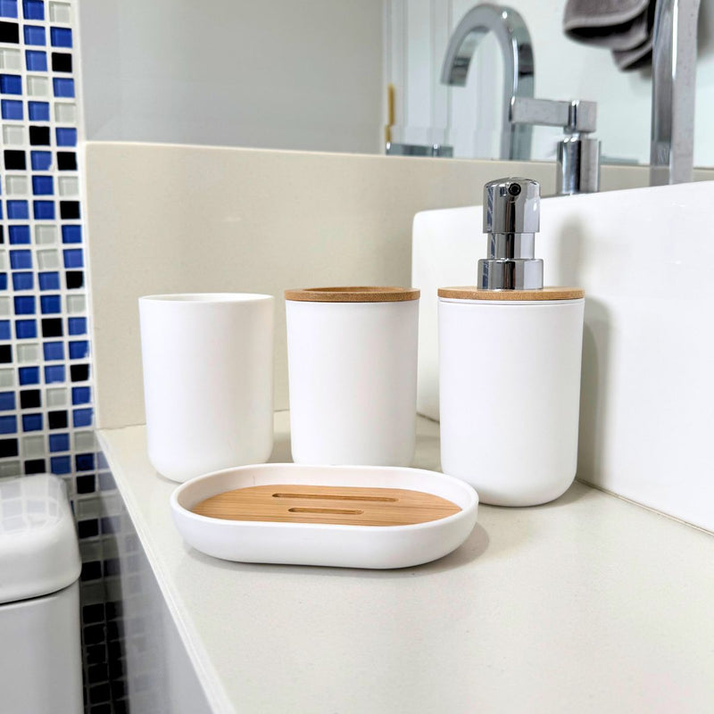 Kit Banheiro Lavabo Elegance – 5 Peças Dispenser, Porta Sabão e Porta-Objetos em Bambu