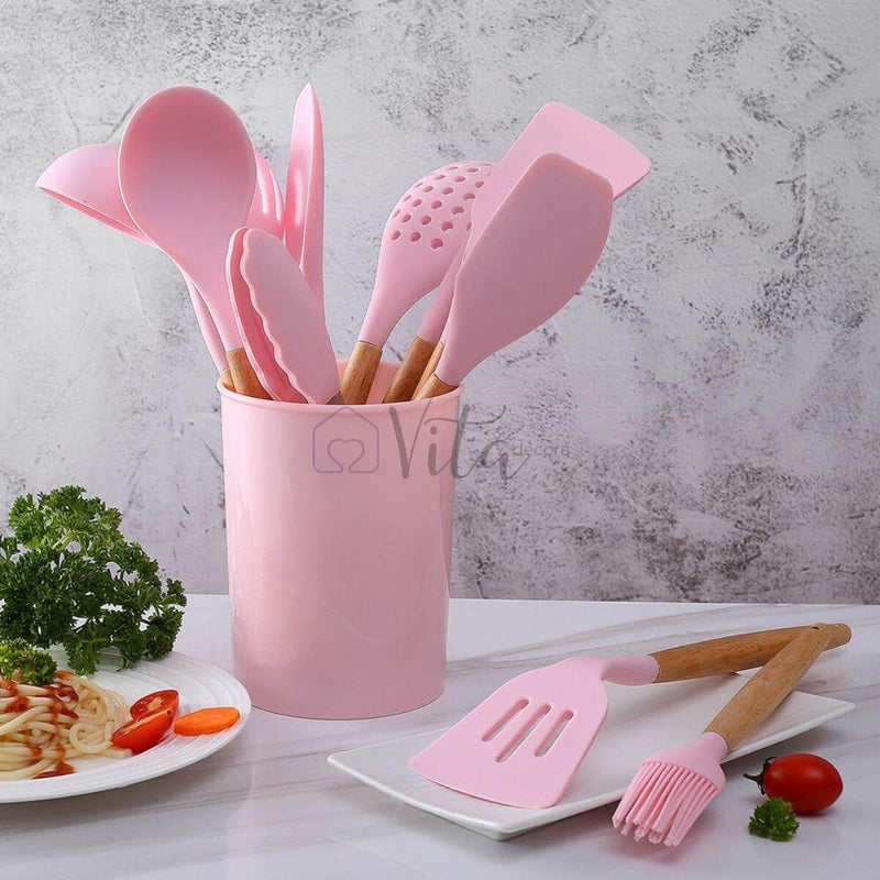 KitCozy - Kit 12 Utensílios Silicone com Cabo em Madeira