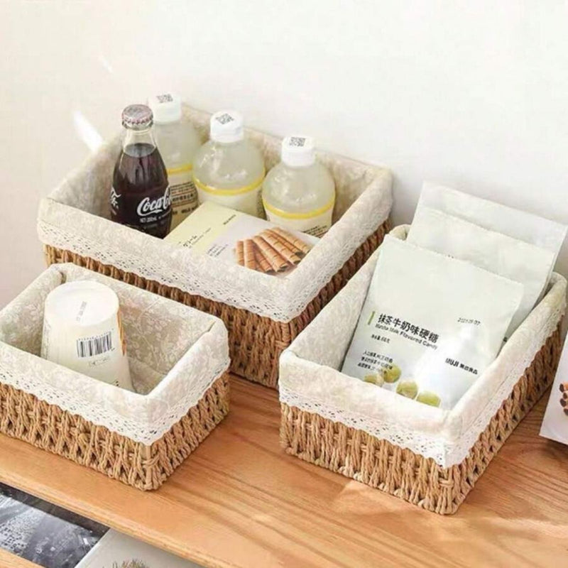 Kit 3 Cestos Organizadores de Vime com Forro em Renda – Elegância e Funcionalidade