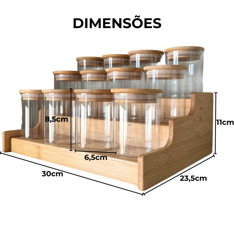Kit 12 Potes Porta Tempero Hermético 200ml Com Organizador em Bambu Redondo