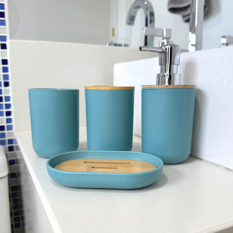 Kit Banheiro Lavabo Elegance – 5 Peças Dispenser, Porta Sabão e Porta-Objetos em Bambu
