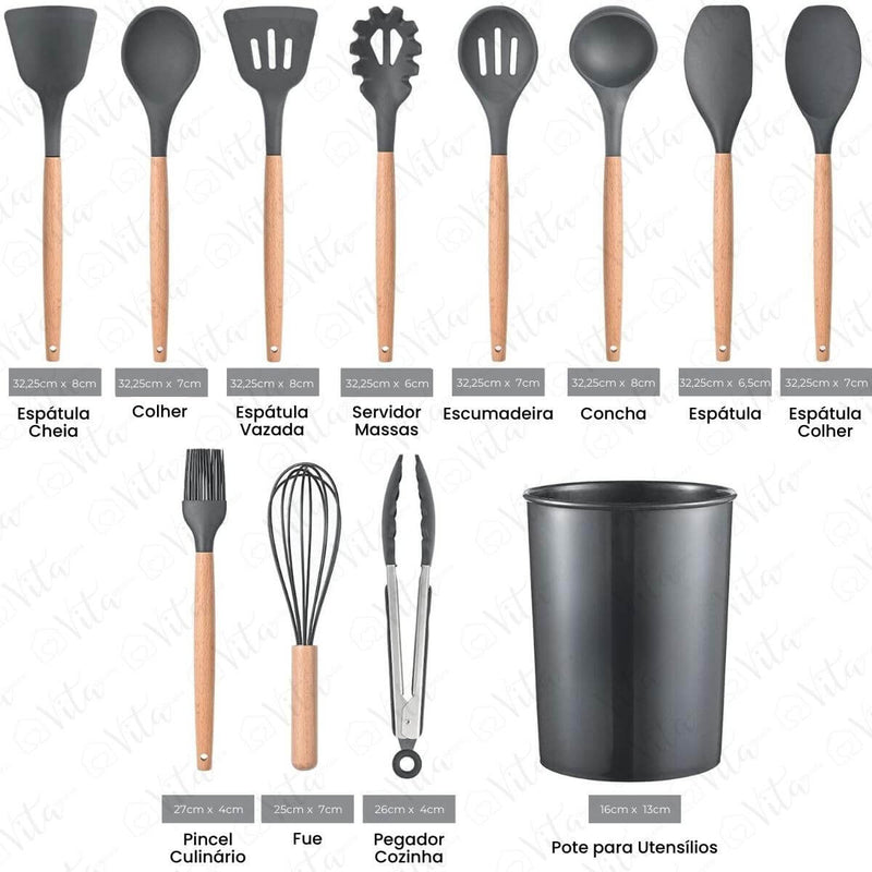KitCozy - Kit 12 Utensílios Silicone com Cabo em Madeira