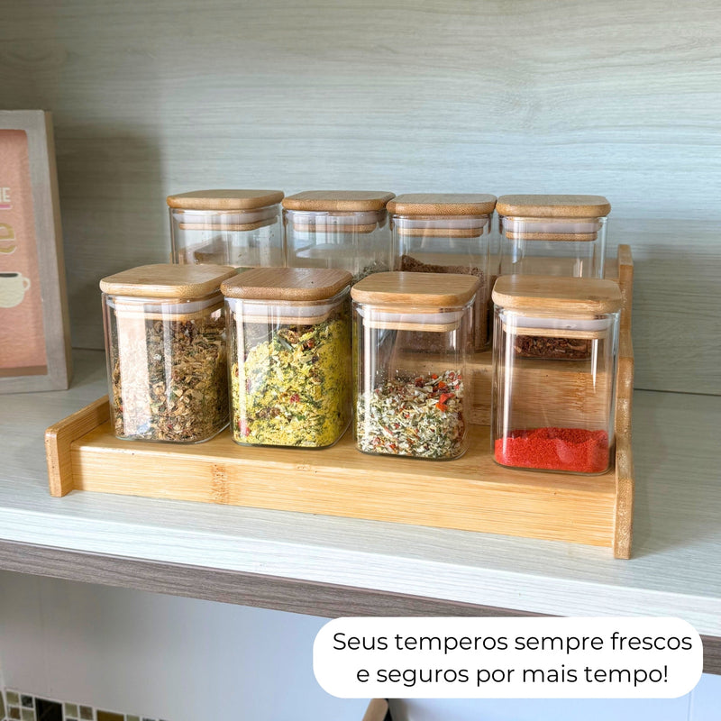 Kit 12 Potes Porta Tempero Hermético 200ml Com Organizador em Bambu