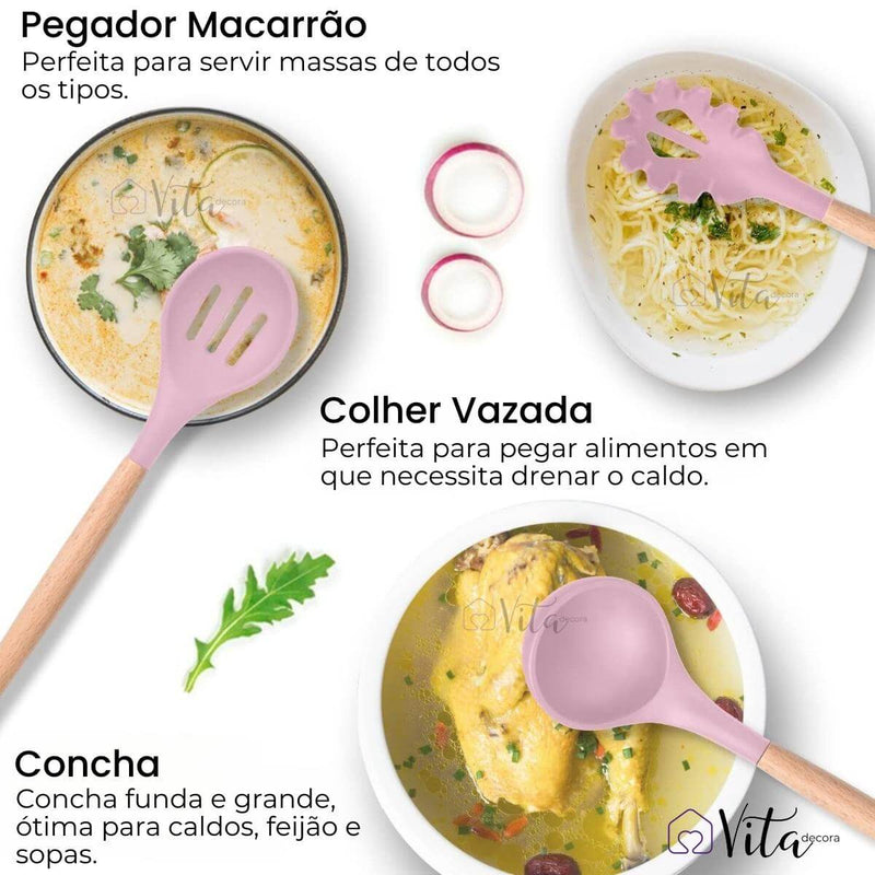 KitCozy - Kit 12 Utensílios Silicone com Cabo em Madeira