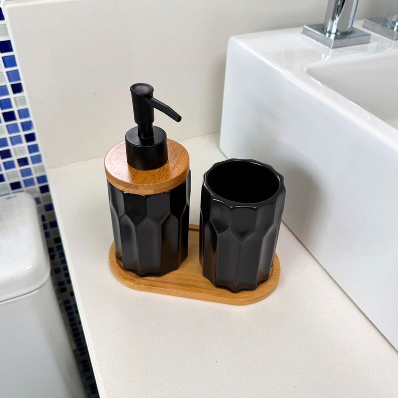 Kit Banheiro Elegance 3 Peças - Conjunto Dispenser, Porta Escova e Bandeja em Bambu