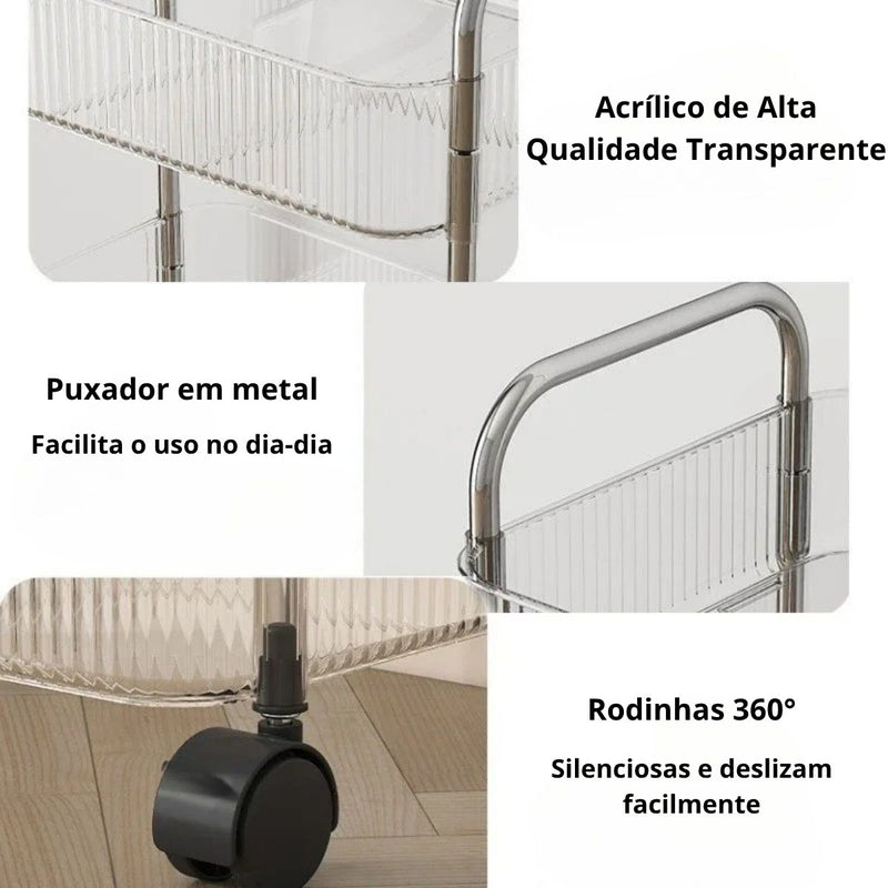 Carrinho Auxiliar Organizador Prateleira Multiuso em Acrílico Vita Decora