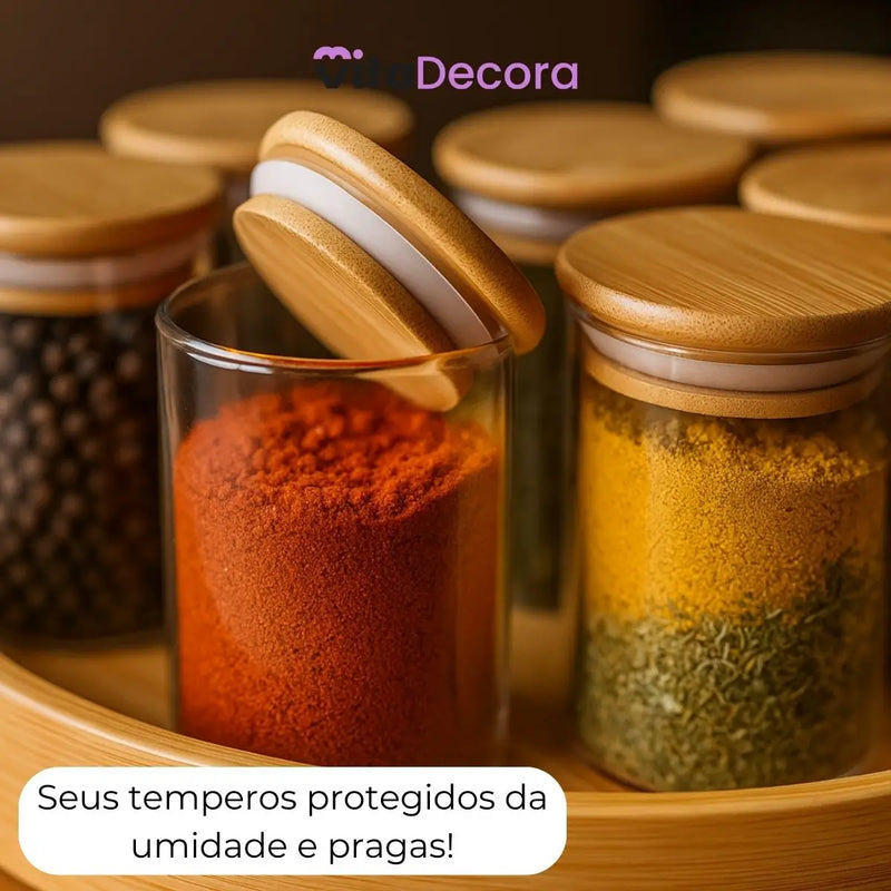 VitaBela - Kit Porta Temperos Vidro & Bambu Hermético Premium 200ml