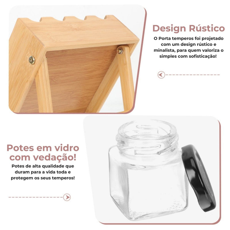 Porta Temperos em Bambu com 12 Potes Herméticos – Organização e Praticidade