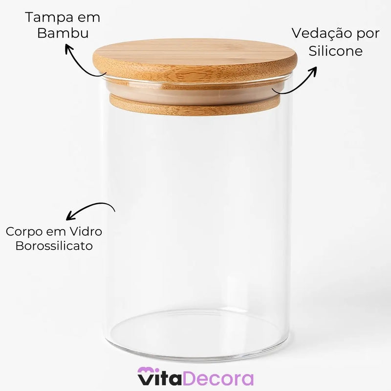 VitaBela - Kit Porta Temperos Vidro & Bambu Hermético Premium 200ml