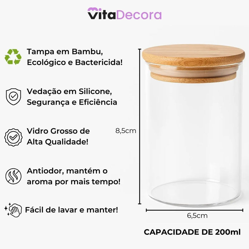 VitaBela - Kit Porta Temperos Vidro & Bambu Hermético Premium 200ml