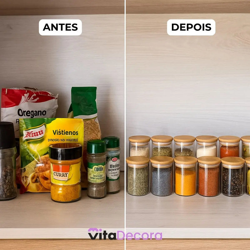 VitaBela - Kit Porta Temperos Vidro & Bambu Hermético Premium 200ml