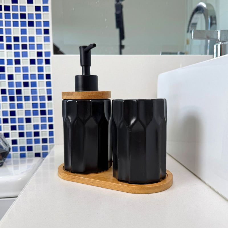 Kit Banheiro Elegance 3 Peças - Conjunto Dispenser, Porta Escova e Bandeja em Bambu