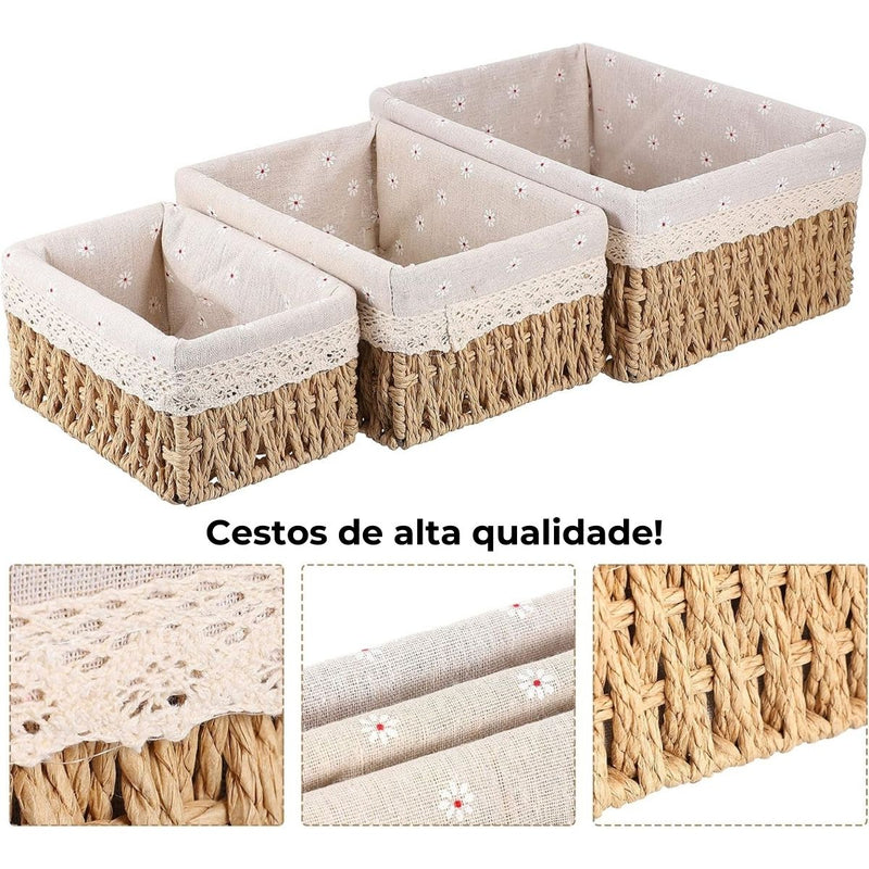 Kit 3 Cestos Organizadores de Vime com Forro em Renda – Elegância e Funcionalidade