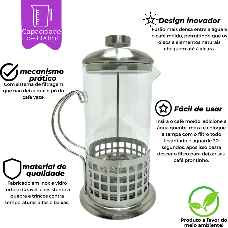 Cafeteira Prensa Francesa 600ml Aço Inox Quadrados