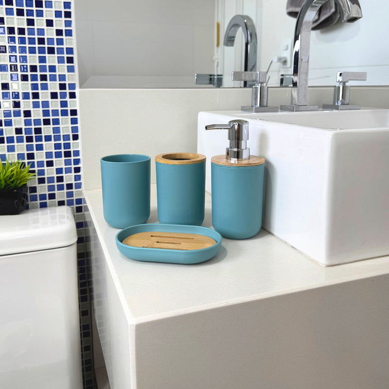Kit Banheiro Lavabo Elegance – 5 Peças Dispenser, Porta Sabão e Porta-Objetos em Bambu