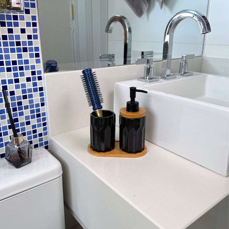 Kit Banheiro Elegance 3 Peças - Conjunto Dispenser, Porta Escova e Bandeja em Bambu