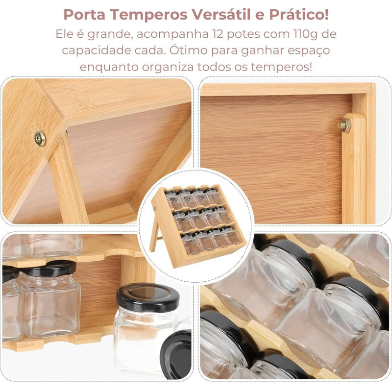 Porta Temperos em Bambu com 12 Potes Herméticos – Organização e Praticidade