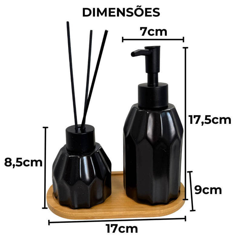 Kit Banheiro Aromas 3 Peças - Conjunto Dispenser e Aromatizador em Porcelana com Bandeja em Bambu
