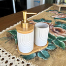 Kit Banheiro Supreme - Conjunto Porcelana Base Bambu Saboneteira Porta Escova 3 Peças