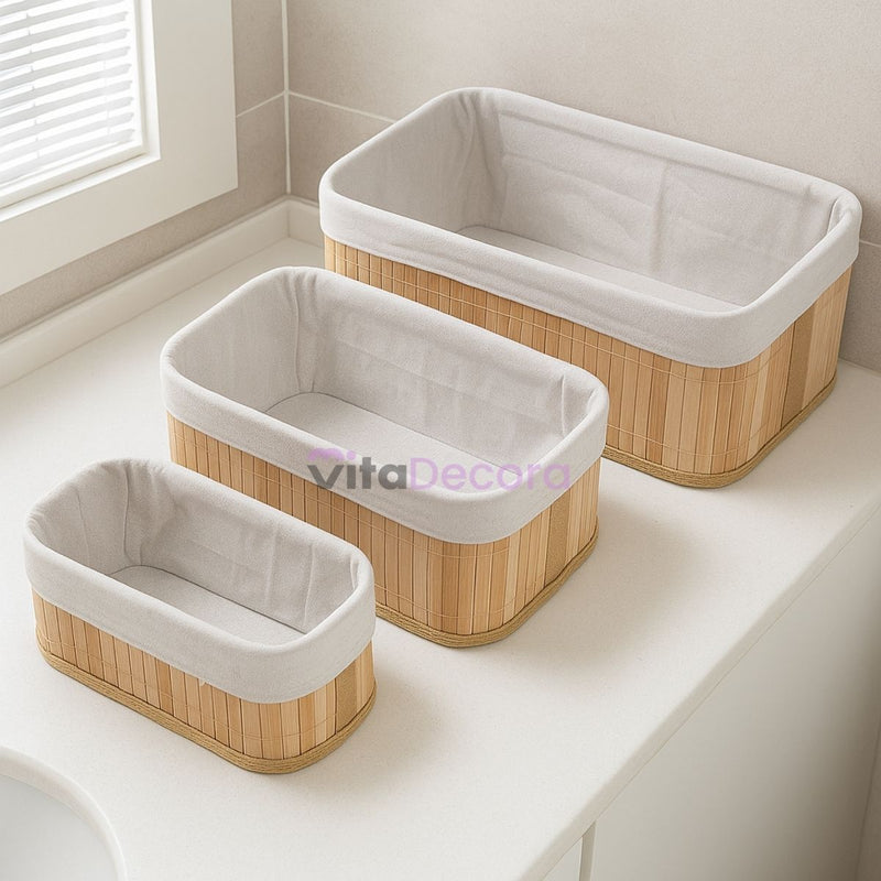 Kit 3 Cestos Organizadores Bambu Tecido Lavável Multiuso