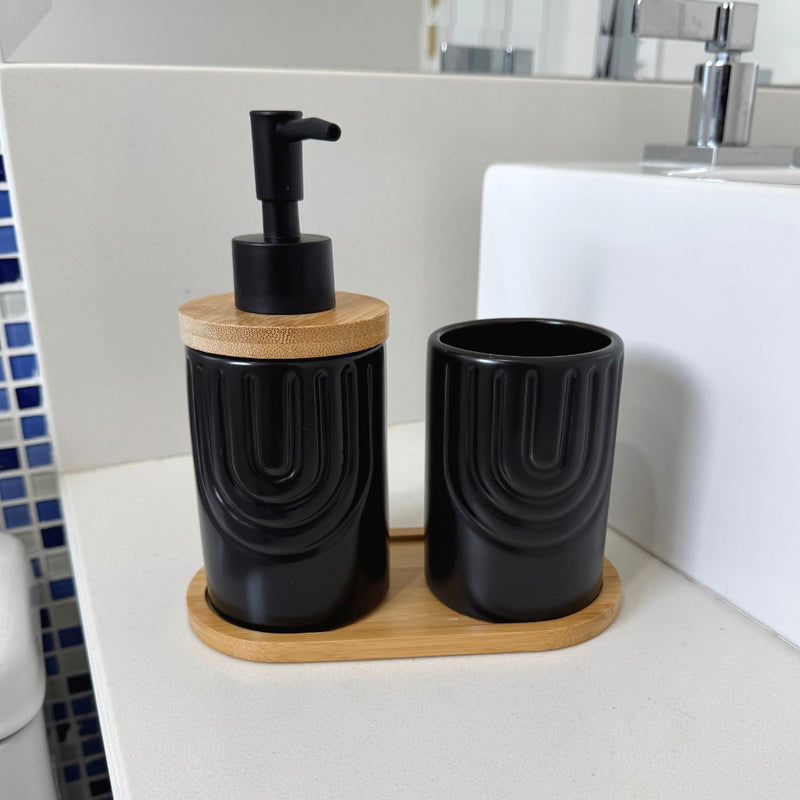 Kit Banheiro Supreme - Conjunto Porcelana Base Bambu Saboneteira Porta Escova 3 Peças