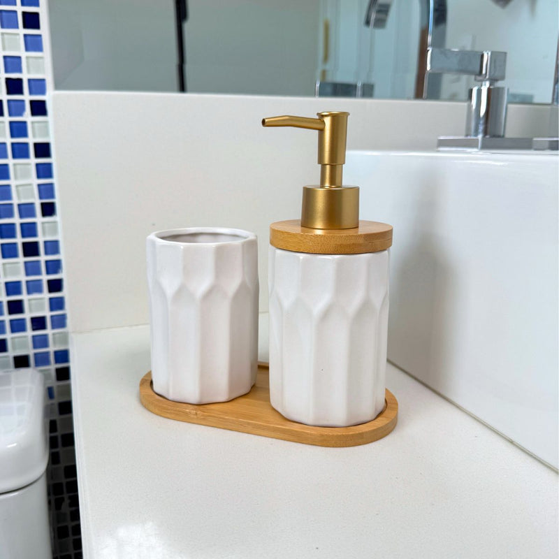Kit Banheiro Elegance 3 Peças - Conjunto Dispenser, Porta Escova e Bandeja em Bambu