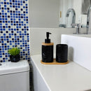 Kit Banheiro Supreme - Conjunto Porcelana Base Bambu Saboneteira Porta Escova 3 Peças