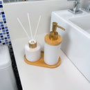 Kit Banheiro Aromas Liso 3 Peças - Conjunto Dispenser e Aromatizador em Porcelana com Bandeja em Bambu