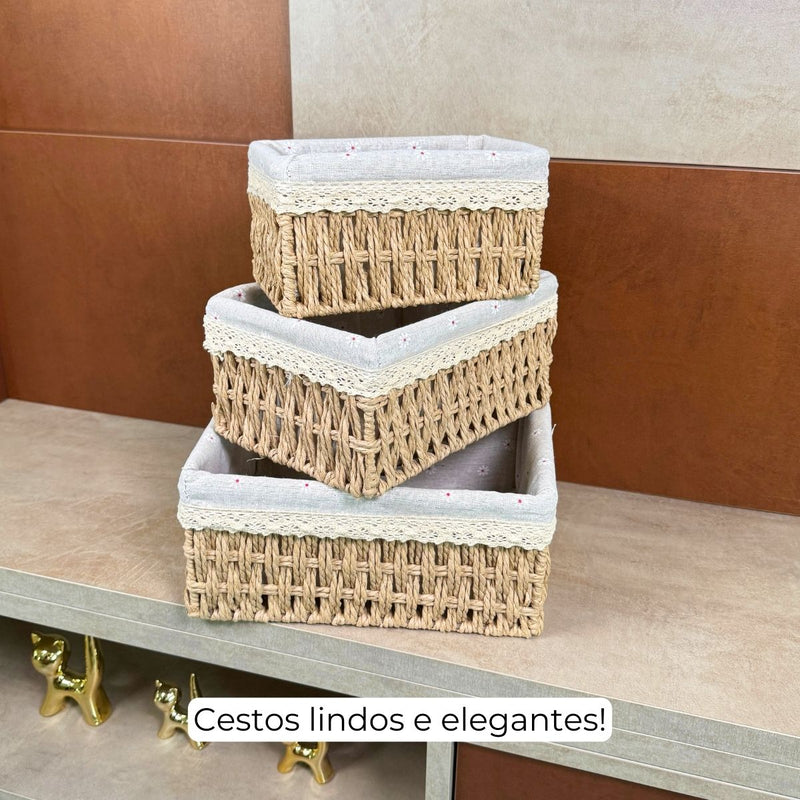 Kit 3 Cestos Organizadores de Vime com Forro em Renda – Elegância e Funcionalidade