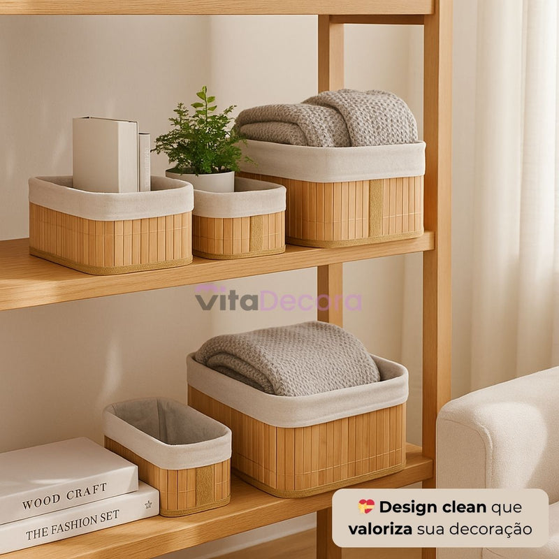 Kit 3 Cestos Organizadores Bambu Tecido Lavável Multiuso