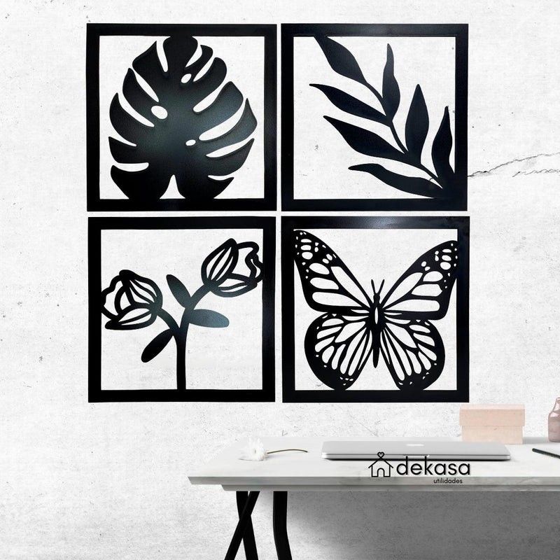 Kit 4 Quadros Decorativos Vazados Preto MDF 3mm c/ Dupla Face