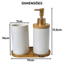 Kit Banheiro Minimalist - Conjunto Saboneteira e Porta Escova Porcelana com Base Bambu 3 Peças