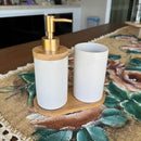 Kit Banheiro Minimalist - Conjunto Saboneteira e Porta Escova Porcelana com Base Bambu 3 Peças