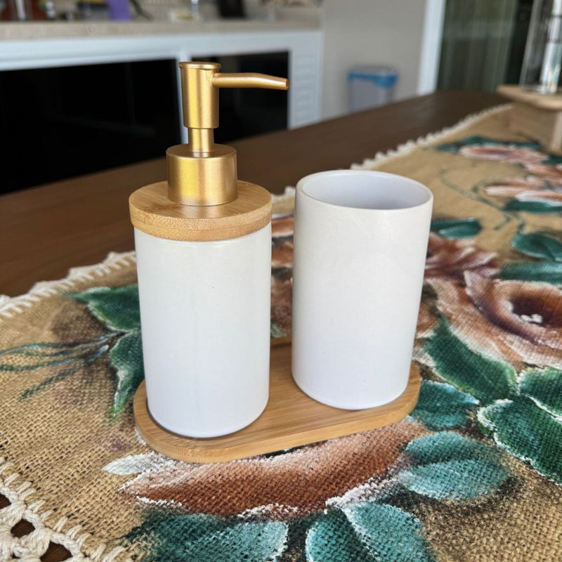 Kit Banheiro Minimalist - Conjunto Saboneteira e Porta Escova Porcelana com Base Bambu 3 Peças