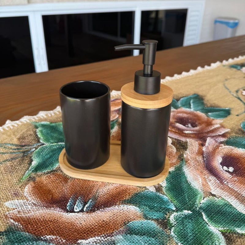 Kit Banheiro Minimalist - Conjunto Saboneteira e Porta Escova Porcelana com Base Bambu 3 Peças