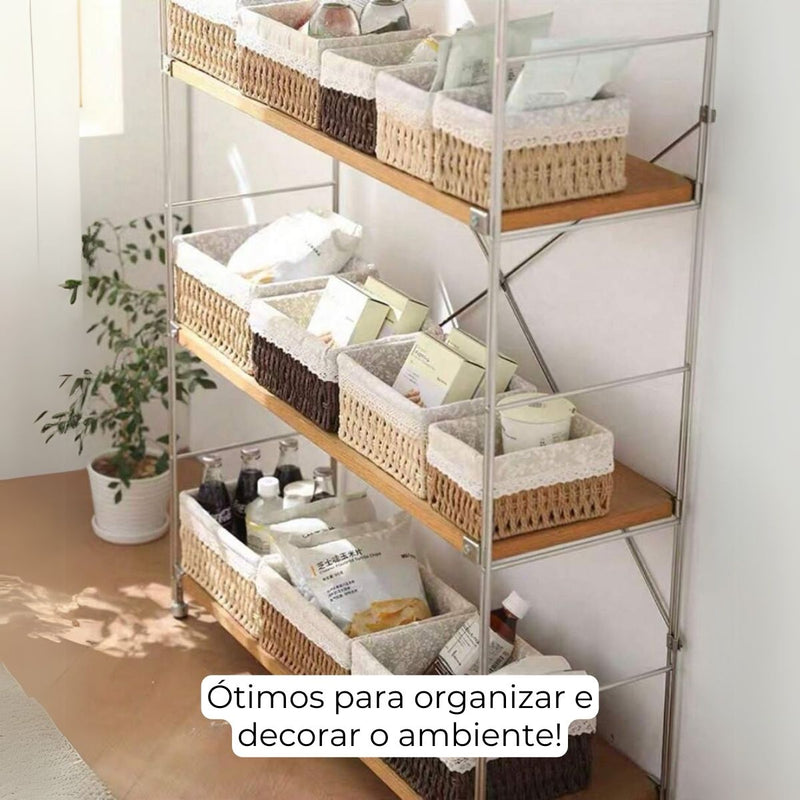 Kit 3 Cestos Organizadores de Vime com Forro em Renda – Elegância e Funcionalidade